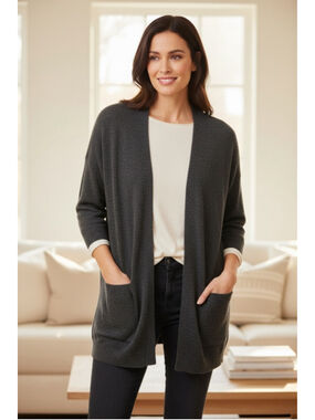 Monk & Lou Grey Open Front Cardigan Small Soft Knit Cozy Pockets